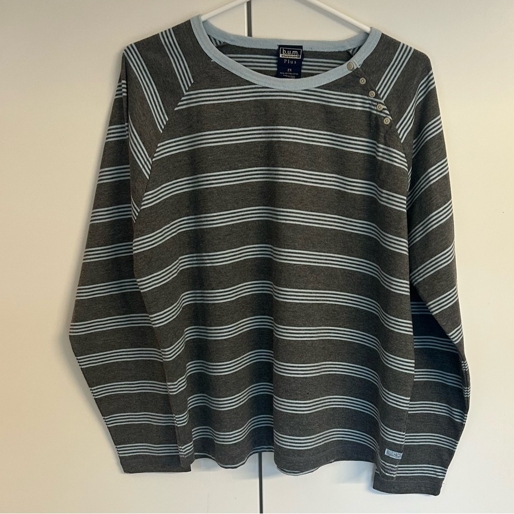 Vintage B.U.M. Equipment Plus  Striped Pullover in Grey and Light Turquoise